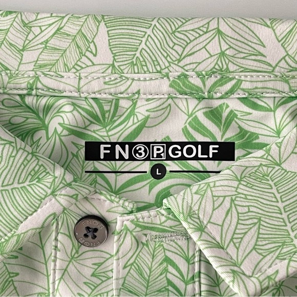 FN3P Polo Mens Large Geometric Print Bright Green Leaves Golf Polo Shirt Stretch - Picture 8 of 9